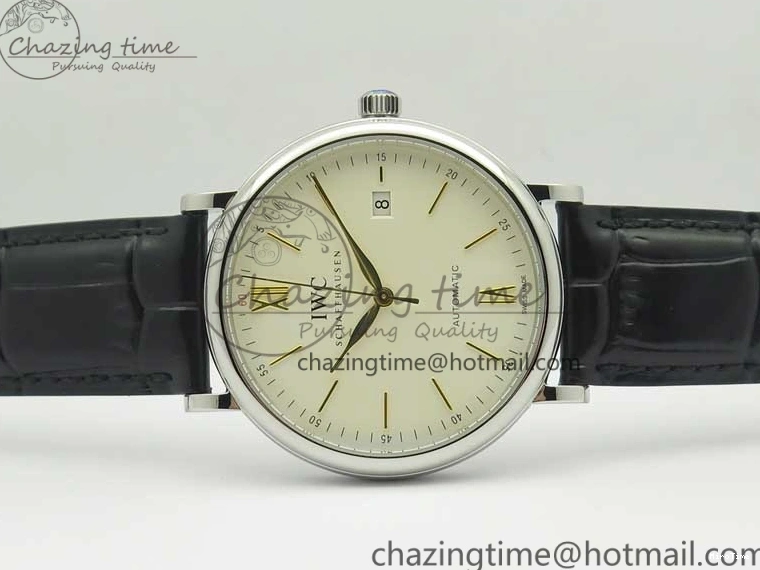 MIROTIME 0523 Affordable Portofino IW356501 SS V3 MK 1:1 Best Edition White Dial Gold Markers On Black Leather Strap MIYOTA 7196